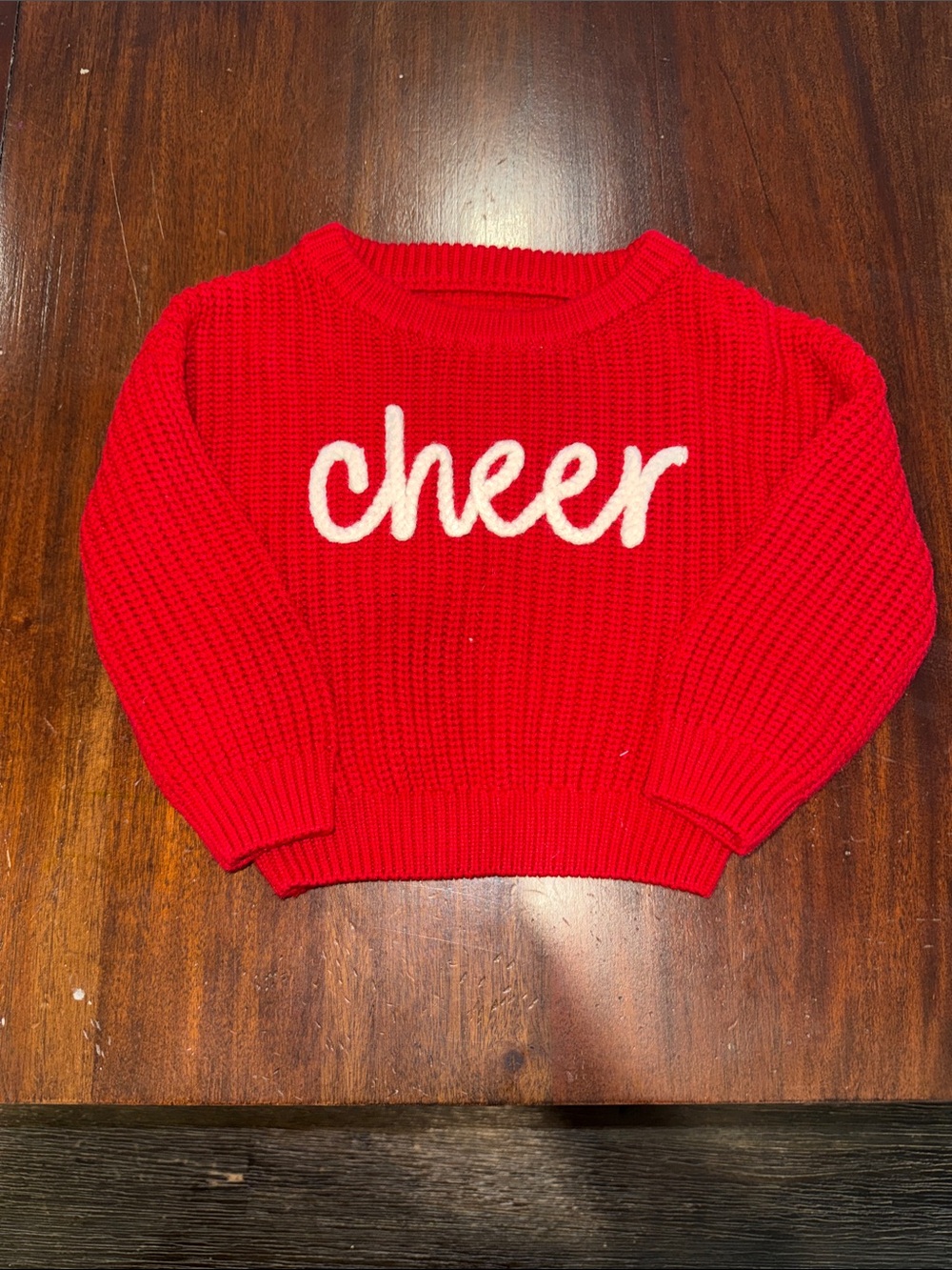 Little Sleepies (cherry red)Red Knit Sweater with White 'cheer' Script